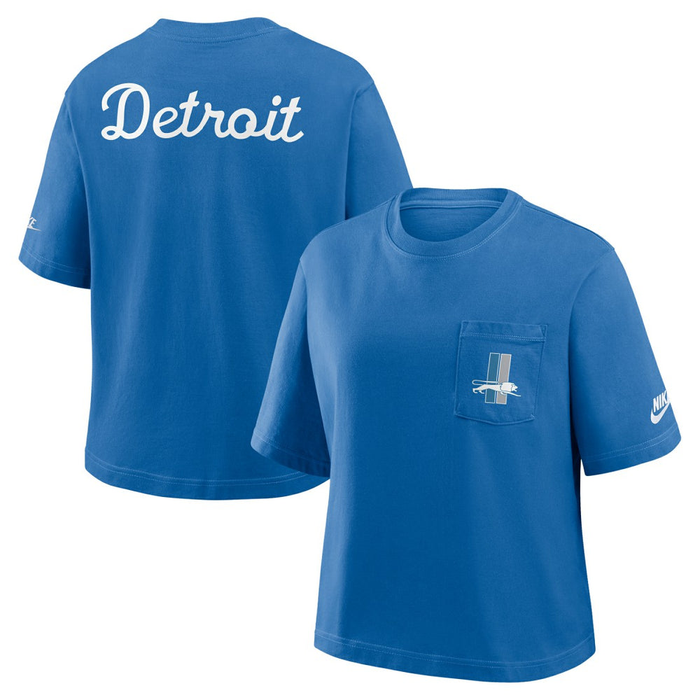Detroit Lions Women's Rewind Pocket Boxy T-Shirt - Blue T-shirts