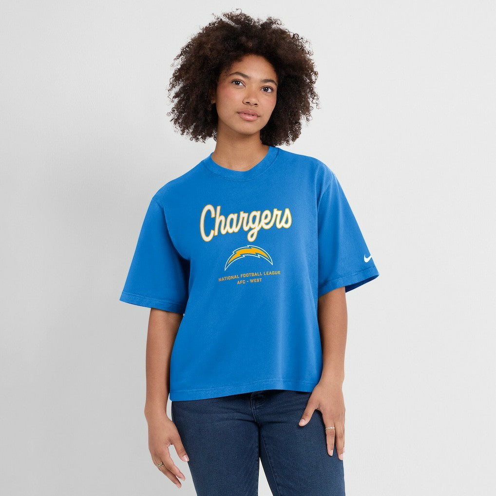 Los Angeles Chargers Women's Essential Script Relaxed Boxy T-Shirt - Powder Blue T-shirts