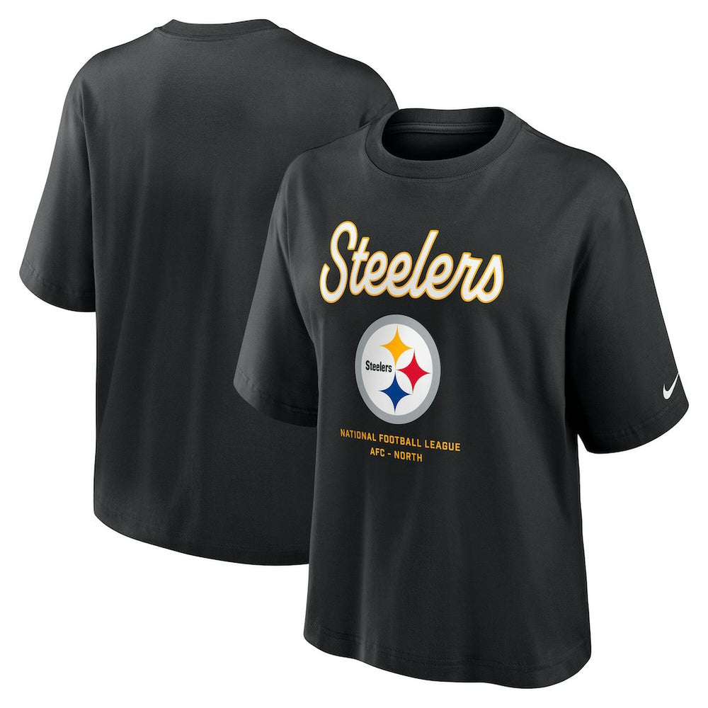 Pittsburgh Steelers Women's Essential Script Relaxed Boxy T-Shirt - Black T-shirts