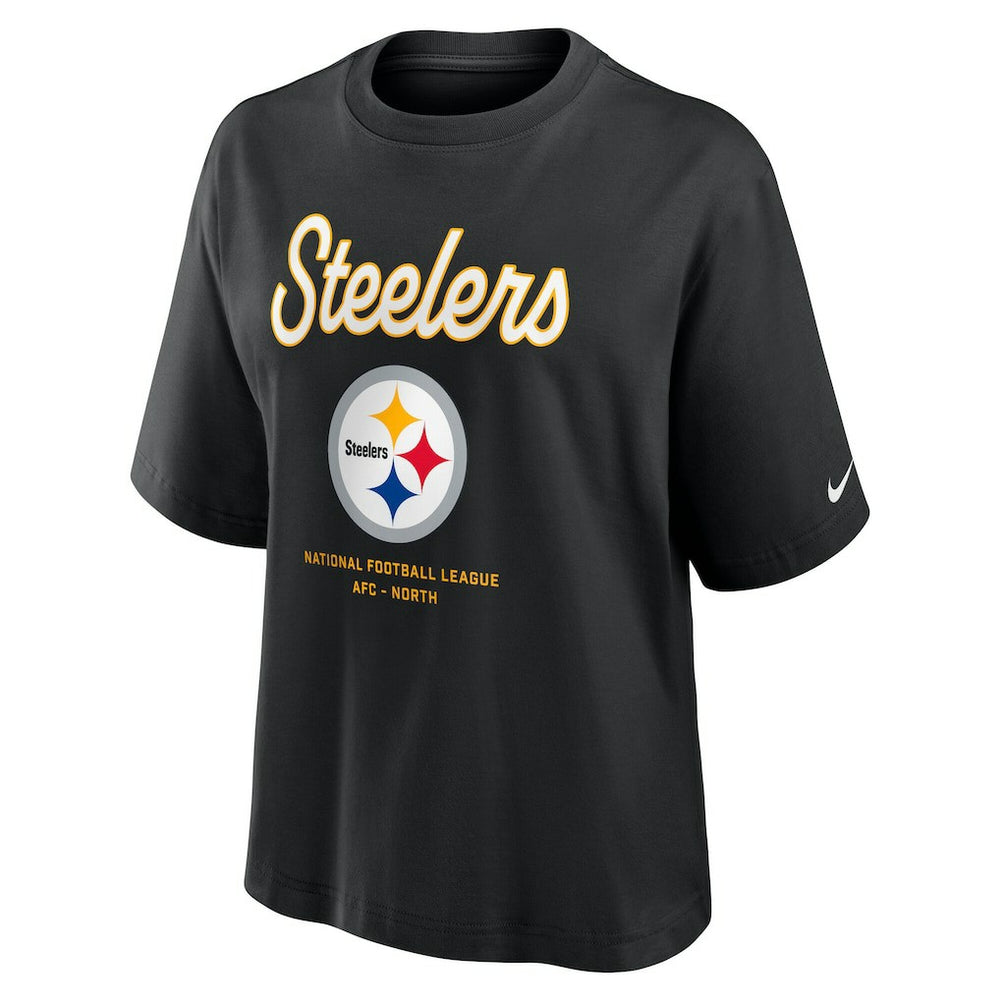 Pittsburgh Steelers Women's Essential Script Relaxed Boxy T-Shirt - Black T-shirts