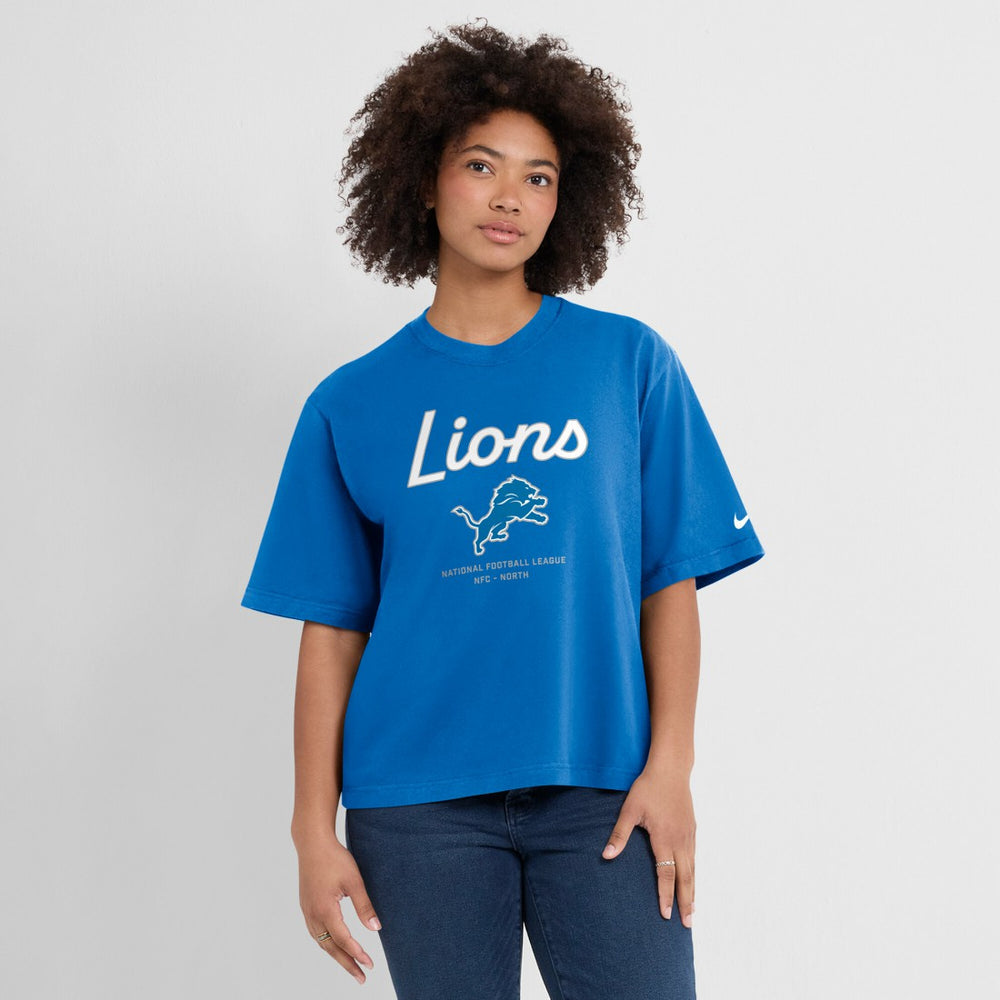 Detroit Lions Women's Essential Script Relaxed Boxy T-Shirt - Blue T-shirts