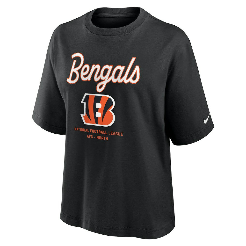 Cincinnati Bengals Women's Essential Script Relaxed Boxy T-Shirt - Black T-shirts