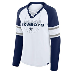 Dallas Cowboys Women's Redzone Blitz Package Raglan Lace-Up V-Neck Long Sleeve T-Shirt - White/Navy T-shirts