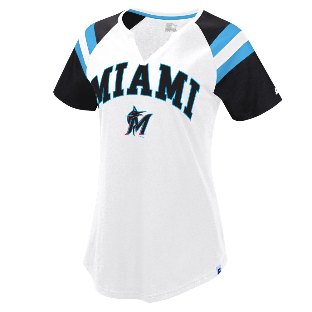 Miami Marlins Starter Women's Game On Notch Neck Raglan T-Shirt - White/Black T-shirts