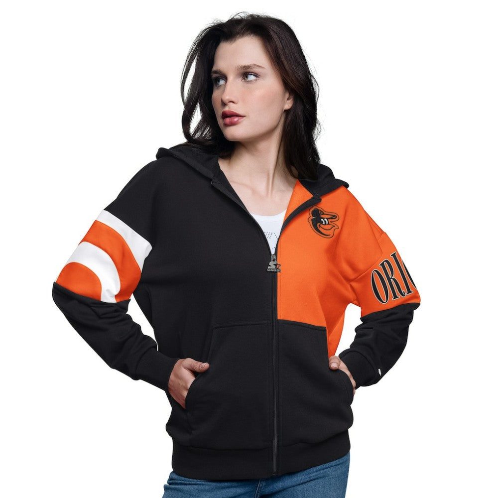 Baltimore Orioles Starter Women's Curve Ball Full Zip Hoodie Sweatshirt - Black/Orange Hoodies
