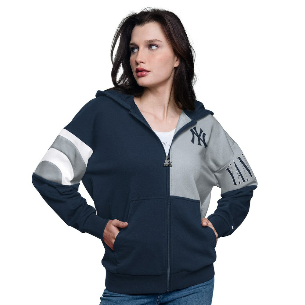 New York Yankees Starter Women's Curve Ball Full Zip Hoodie Sweatshirt - Navy/Gray Hoodies