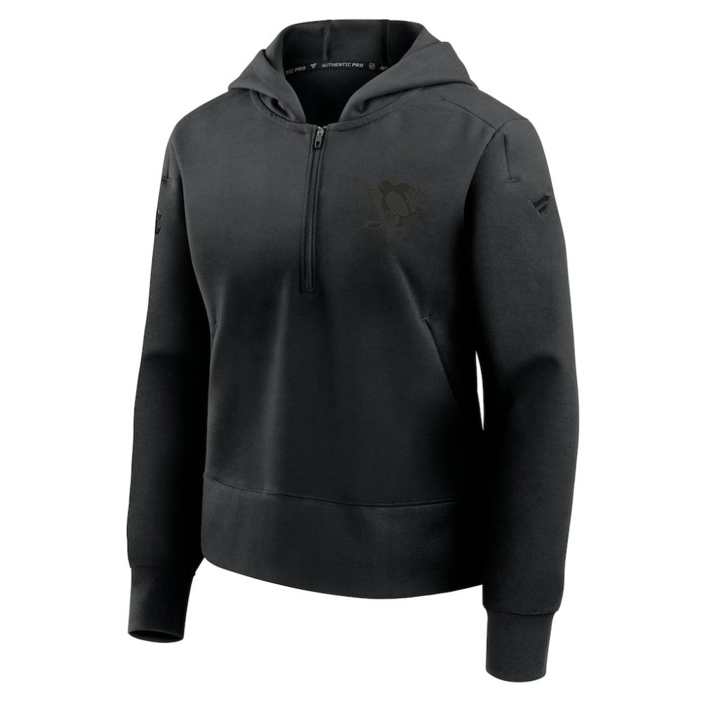 Pittsburgh Penguins Fanatics Women's Authentic Pro Road Tri-Blend Quarter-Zip Hoodie - Black | US 202493527