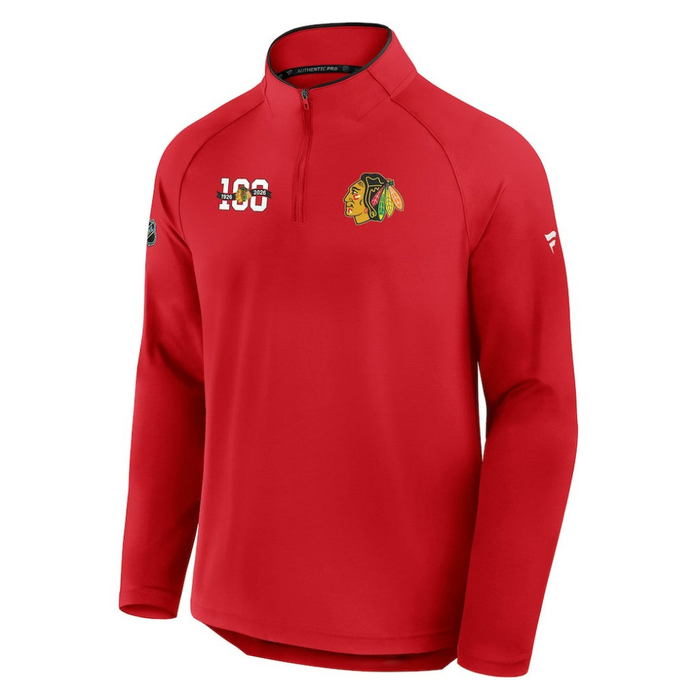 Chicago Blackhawks Fanatics Authentic Pro Rink Training Centennial Raglan Quarter-Zip Pullover - Red | US 202495703
