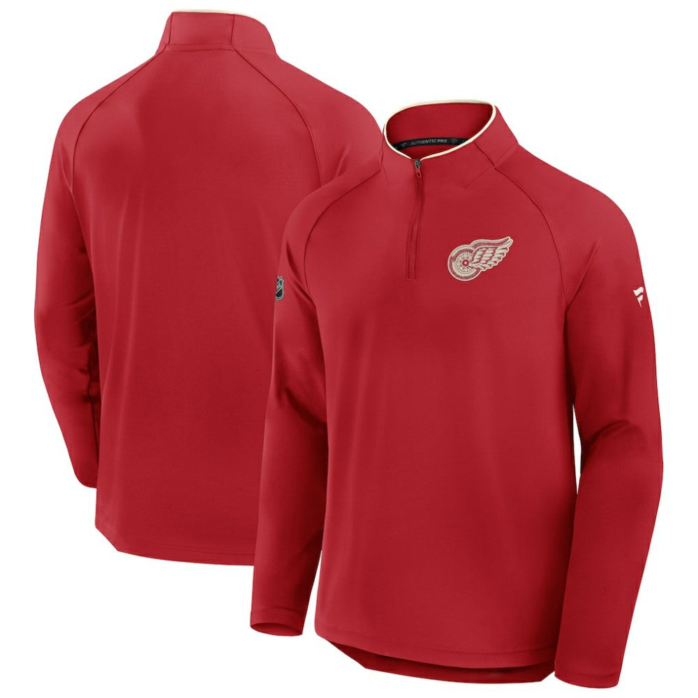 Detroit Red Wings Fanatics Authentic Pro Rink Training Centennial Raglan Quarter-Zip Pullover - Red | US 202495704