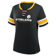Pittsburgh Steelers Women's Redzone Draw Play Athena Lace-Up T-Shirt - Black T-shirts