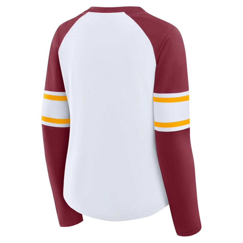Washington Commanders Women's Redzone Blitz Package Raglan Lace-Up V-Neck Long Sleeve T-Shirt - White/Burgundy T-shirts