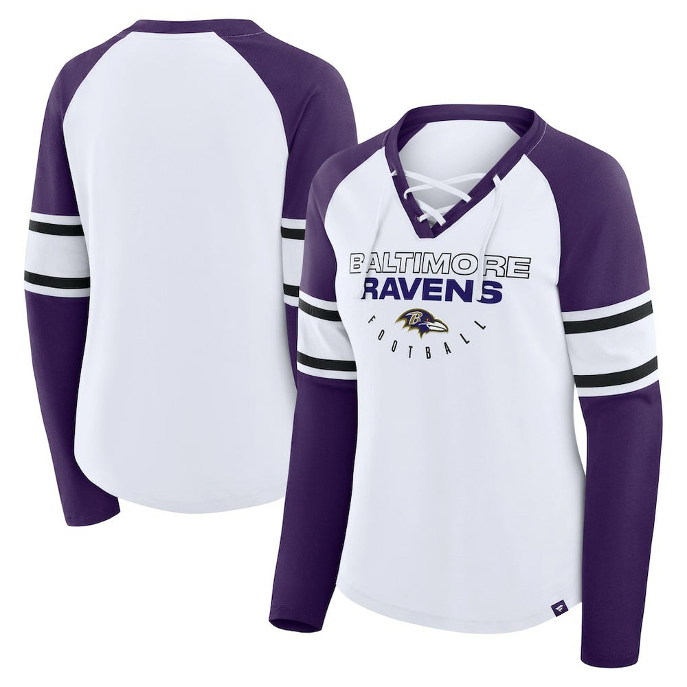 Baltimore Ravens Women's Redzone Blitz Package Raglan Lace-Up V-Neck Long Sleeve T-Shirt - White/Purple T-shirts