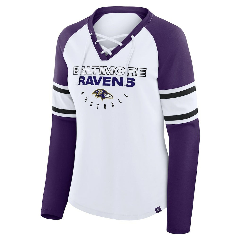 Baltimore Ravens Women's Redzone Blitz Package Raglan Lace-Up V-Neck Long Sleeve T-Shirt - White/Purple T-shirts