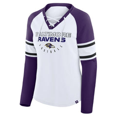 Baltimore Ravens Women's Redzone Blitz Package Raglan Lace-Up V-Neck Long Sleeve T-Shirt - White/Purple T-shirts