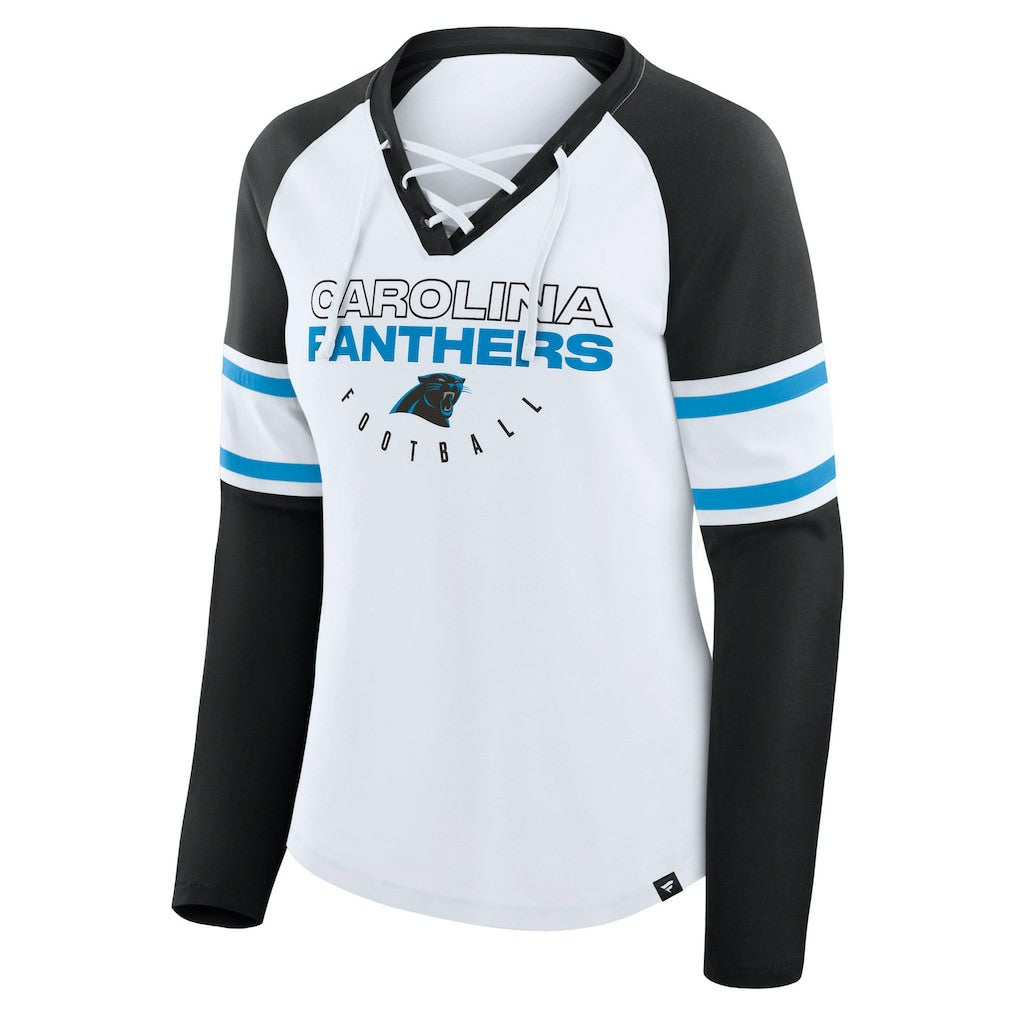 Carolina Panthers Women's Redzone Blitz Package Raglan Lace-Up V-Neck Long Sleeve T-Shirt - White/Black T-shirts