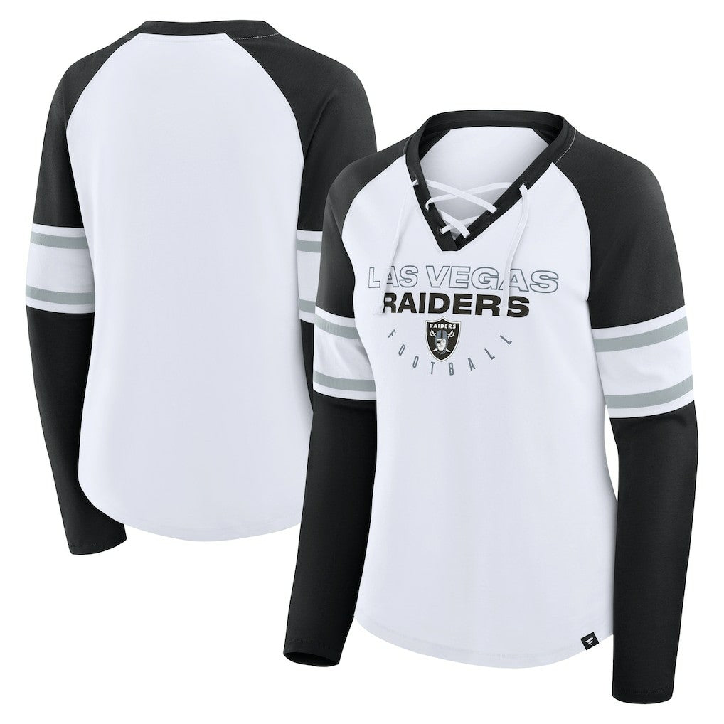Las Vegas Raiders Women's Redzone Blitz Package Raglan Lace-Up V-Neck Long Sleeve T-Shirt - White/Black T-shirts
