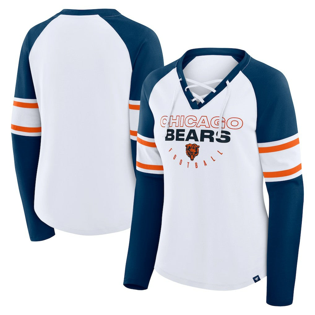 Chicago Bears Women's Redzone Blitz Package Raglan Lace-Up V-Neck Long Sleeve T-Shirt - White/Navy T-shirts