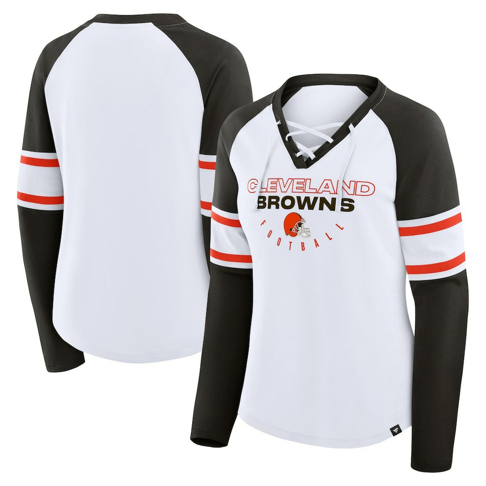 Cleveland Browns Women's Redzone Blitz Package Raglan Lace-Up V-Neck Long Sleeve T-Shirt - White/Brown T-shirts