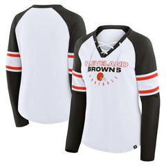 Cleveland Browns Women's Redzone Blitz Package Raglan Lace-Up V-Neck Long Sleeve T-Shirt - White/Brown T-shirts