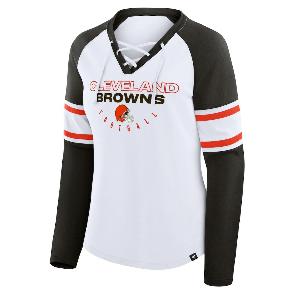 Cleveland Browns Women's Redzone Blitz Package Raglan Lace-Up V-Neck Long Sleeve T-Shirt - White/Brown T-shirts