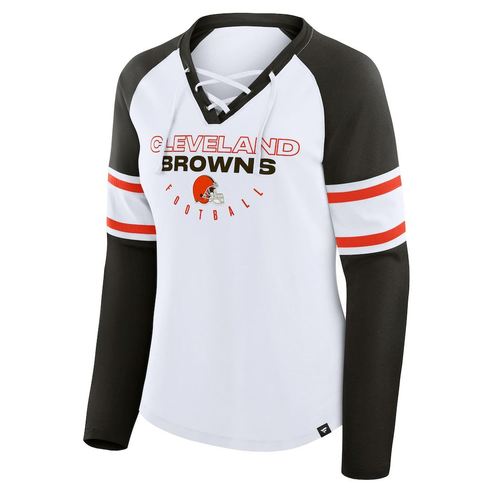 Cleveland Browns Women's Redzone Blitz Package Raglan Lace-Up V-Neck Long Sleeve T-Shirt - White/Brown T-shirts