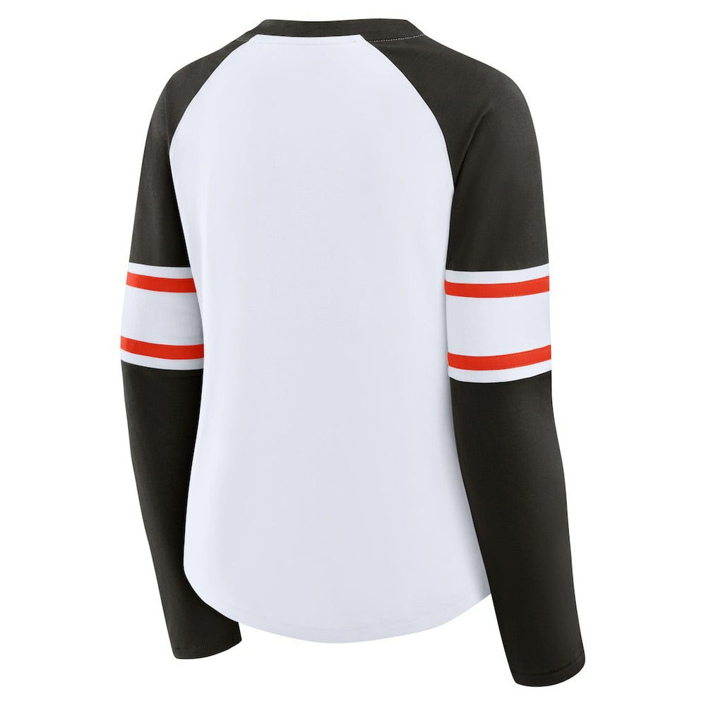Cleveland Browns Women's Redzone Blitz Package Raglan Lace-Up V-Neck Long Sleeve T-Shirt - White/Brown T-shirts