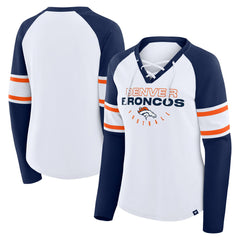 Denver Broncos Women's Redzone Blitz Package Raglan Lace-Up V-Neck Long Sleeve T-Shirt - White/Navy T-shirts