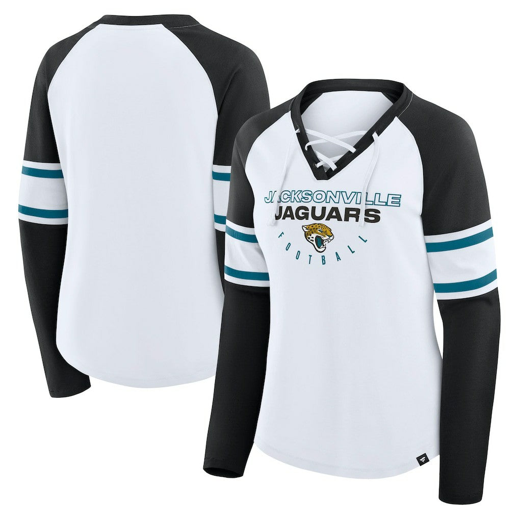 Jacksonville Jaguars Women's Redzone Blitz Package Raglan Lace-Up V-Neck Long Sleeve T-Shirt - White/Black T-shirts