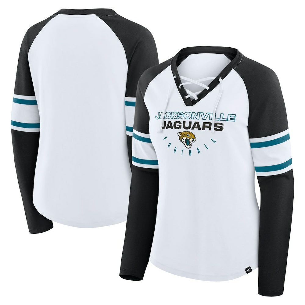 Jacksonville Jaguars Women's Redzone Blitz Package Raglan Lace-Up V-Neck Long Sleeve T-Shirt - White/Black T-shirts