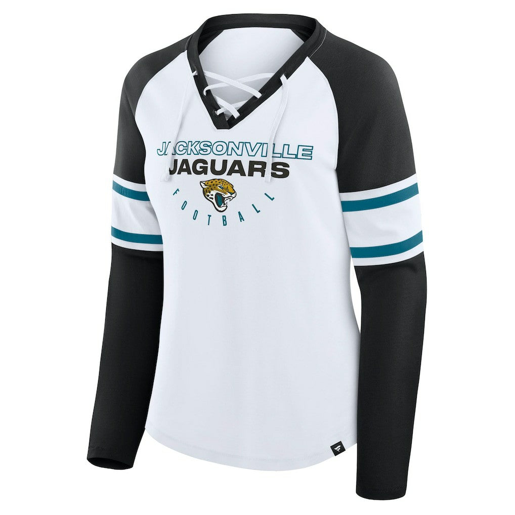 Jacksonville Jaguars Women's Redzone Blitz Package Raglan Lace-Up V-Neck Long Sleeve T-Shirt - White/Black T-shirts