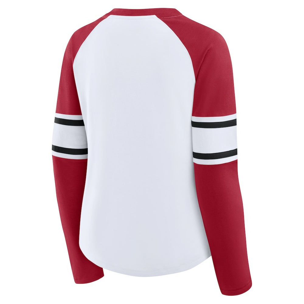 San Francisco 49ers Women's Redzone Blitz Package Raglan Lace-Up V-Neck Long Sleeve T-Shirt - White/Scarlet T-shirts