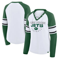 New York Jets Women's Redzone Blitz Package Raglan Lace-Up V-Neck Long Sleeve T-Shirt - White/Green T-shirts