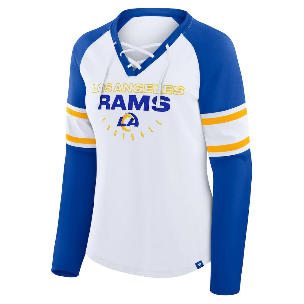 Los Angeles Rams Women's Redzone Blitz Package Raglan Lace-Up V-Neck Long Sleeve T-Shirt - White/Royal T-shirts