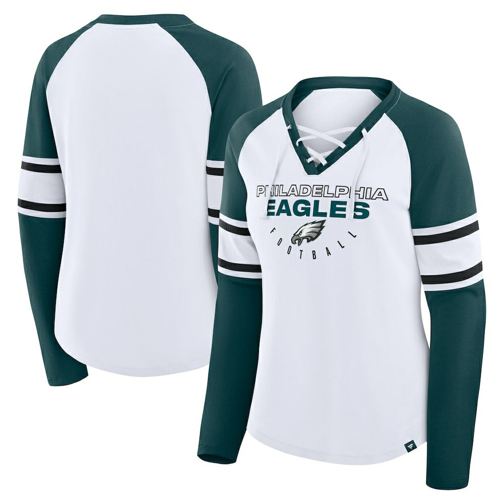 Philadelphia Eagles Women's Redzone Blitz Package Raglan Lace-Up V-Neck Long Sleeve T-Shirt - White/Green T-shirts