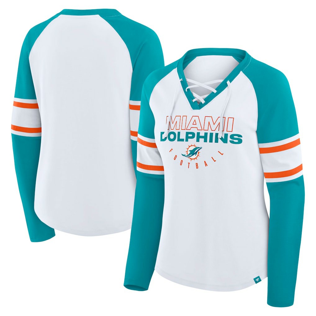 Miami Dolphins Women's Redzone Blitz Package Raglan Lace-Up V-Neck Long Sleeve T-Shirt - White/Aqua T-shirts