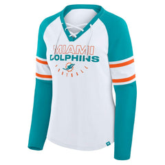 Miami Dolphins Women's Redzone Blitz Package Raglan Lace-Up V-Neck Long Sleeve T-Shirt - White/Aqua T-shirts