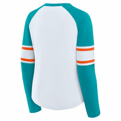 Miami Dolphins Women's Redzone Blitz Package Raglan Lace-Up V-Neck Long Sleeve T-Shirt - White/Aqua T-shirts