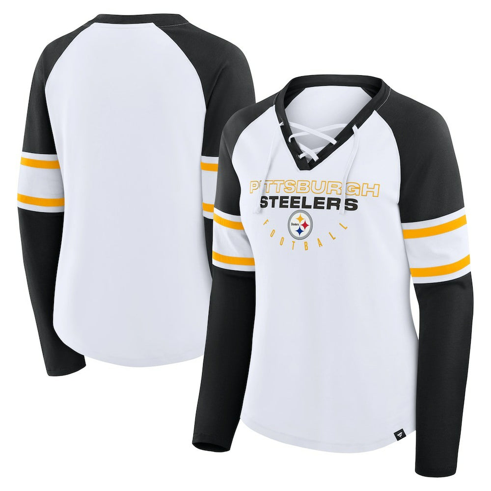 Pittsburgh Steelers Women's Redzone Blitz Package Raglan Lace-Up V-Neck Long Sleeve T-Shirt - White/Black T-shirts