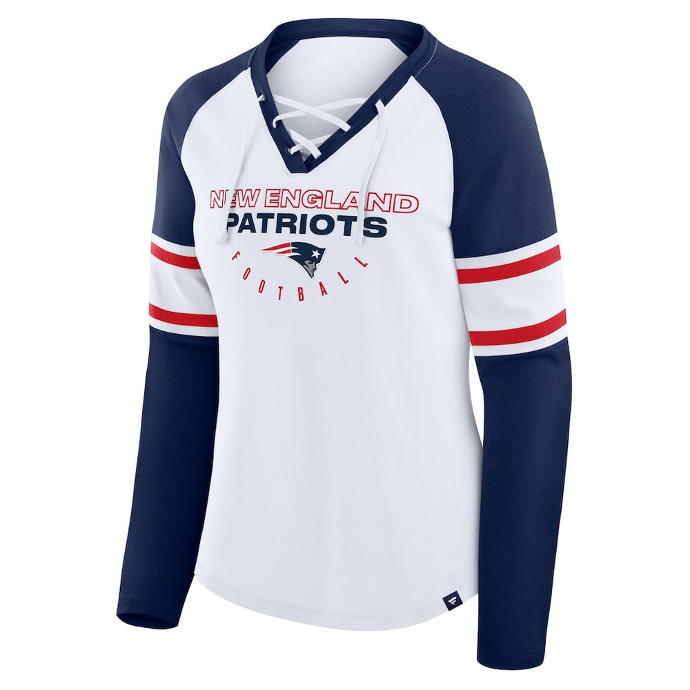 New England Patriots Women's Redzone Blitz Package Raglan Lace-Up V-Neck Long Sleeve T-Shirt - White/Navy T-shirts