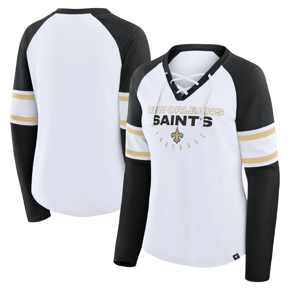 New Orleans Saints Women's Redzone Blitz Package Raglan Lace-Up V-Neck Long Sleeve T-Shirt - White/Black T-shirts
