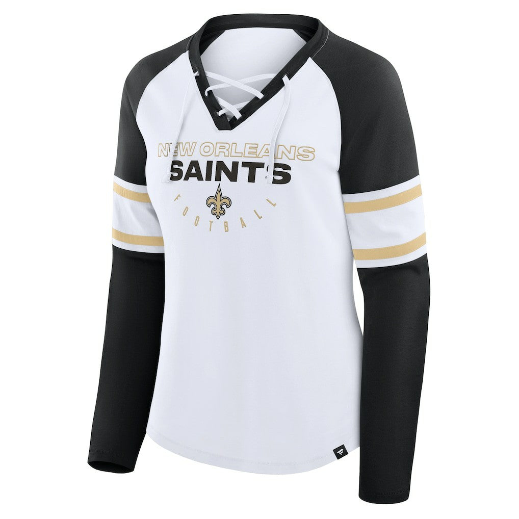 New Orleans Saints Women's Redzone Blitz Package Raglan Lace-Up V-Neck Long Sleeve T-Shirt - White/Black T-shirts