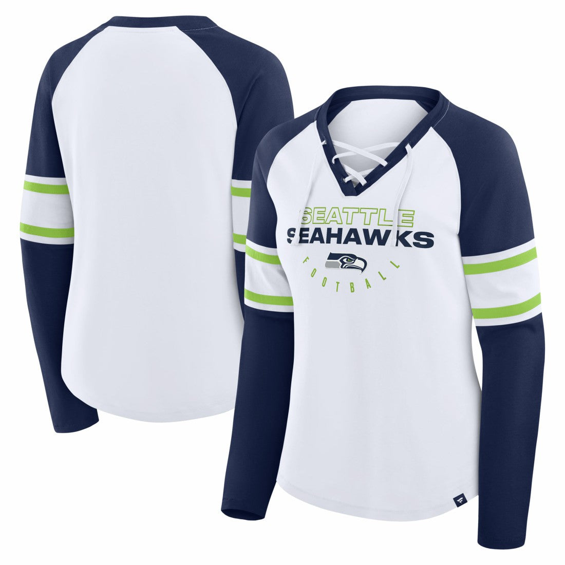 Seattle Seahawks Women's Redzone Blitz Package Raglan Lace-Up V-Neck Long Sleeve T-Shirt - White/College Navy T-shirts