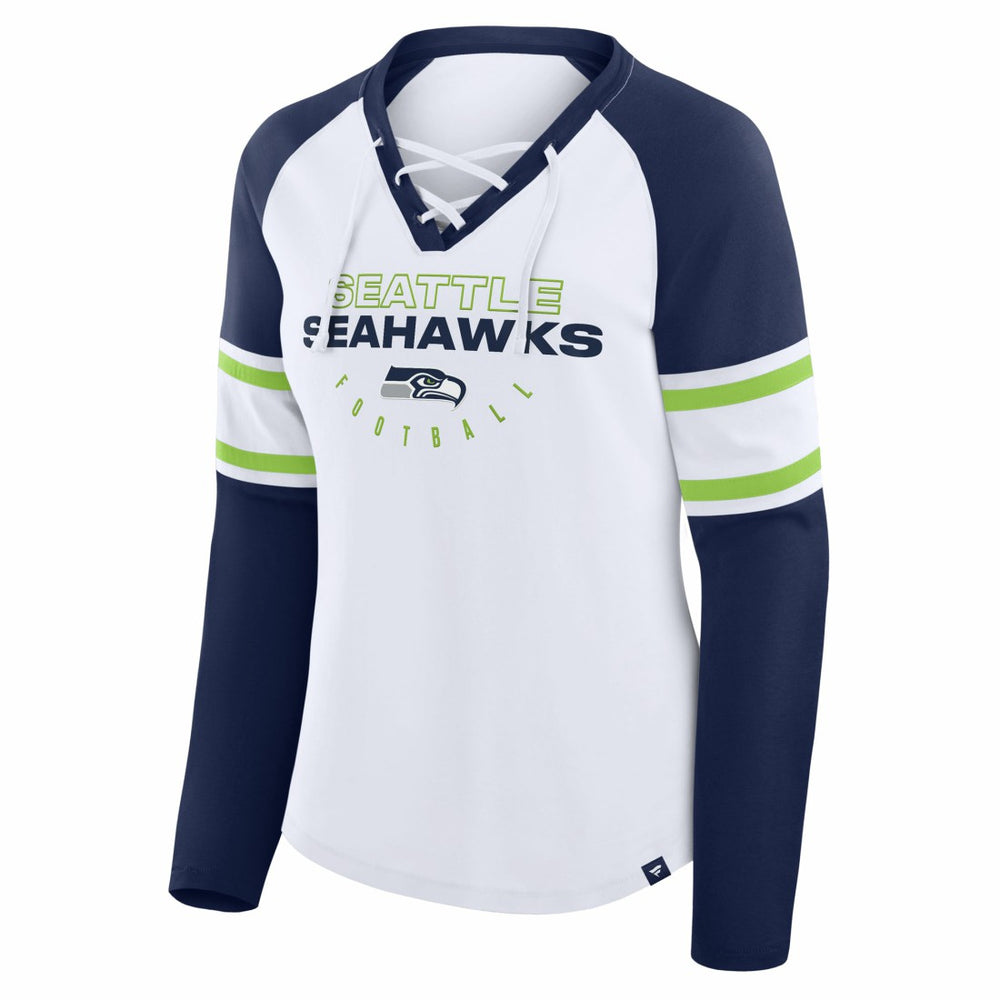 Seattle Seahawks Women's Redzone Blitz Package Raglan Lace-Up V-Neck Long Sleeve T-Shirt - White/College Navy T-shirts