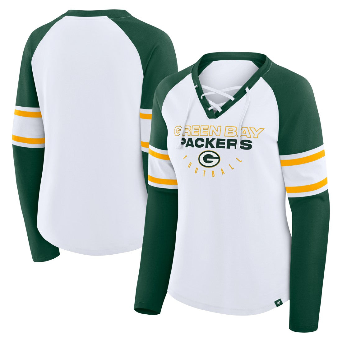 Green Bay Packers Women's Redzone Blitz Package Raglan Lace-Up V-Neck Long Sleeve T-Shirt - White/Green T-shirts