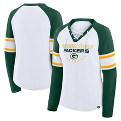 Green Bay Packers Women's Redzone Blitz Package Raglan Lace-Up V-Neck Long Sleeve T-Shirt - White/Green T-shirts