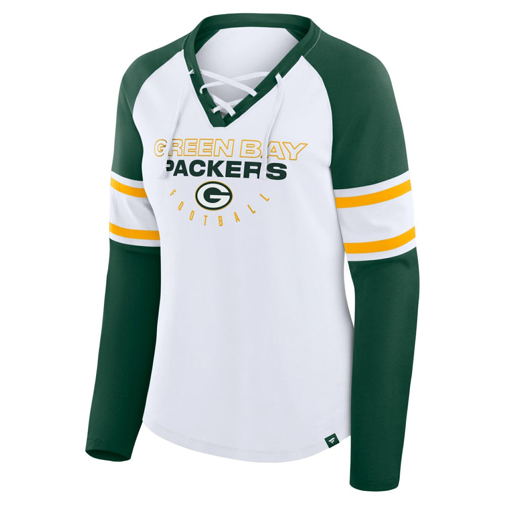 Green Bay Packers Women's Redzone Blitz Package Raglan Lace-Up V-Neck Long Sleeve T-Shirt - White/Green T-shirts