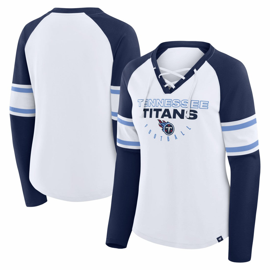 Tennessee Titans Women's Redzone Blitz Package Raglan Lace-Up V-Neck Long Sleeve T-Shirt - White/Navy T-shirts