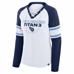 Tennessee Titans Women's Redzone Blitz Package Raglan Lace-Up V-Neck Long Sleeve T-Shirt - White/Navy T-shirts