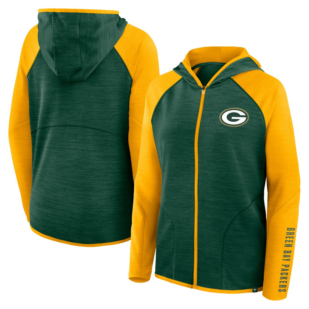 Green Bay Packers Women's Redzone End Around Pass Raglan Full-Zip Hoodie - Green/Gold Hoodies