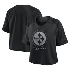 Pittsburgh Steelers Women's Oversized Raglan V-Neck Blackout Fashion Jersey - Body; 100% Polyester - Sleeve; 97% Polyester/3% Elastane - Neckband Jerseys